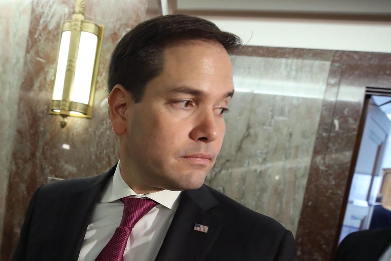 Sen. Marco Rubio speaks to the media about immigration, after attending a bipartisan meeting in Sen. Susan Collins office, on Capitol Hill January 25, 2018 in Washington, D.C.